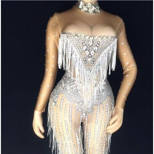 Sexy Tassels Crystals Jumpsuit Female Singer Dancer Sexy Leggings Costume Big Stretch Bodysuit Nightclub Oufit Party Wear Outfit