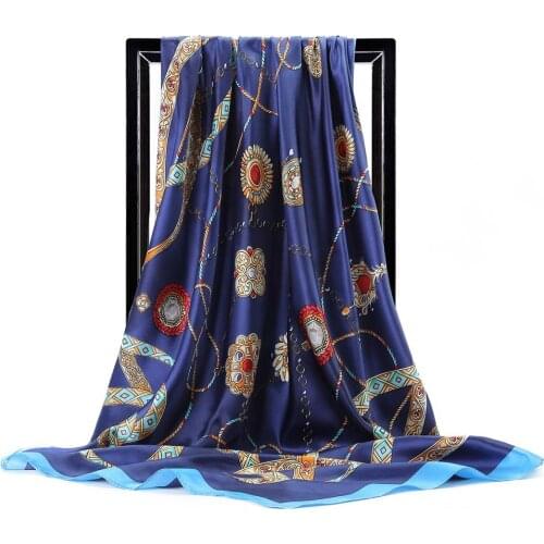 Silk Scarves for Women Elegant Navy Chain Printed Shawls Large Square Scarves New Fashion 90*90cm Large Hijab Scarfs for Ladies