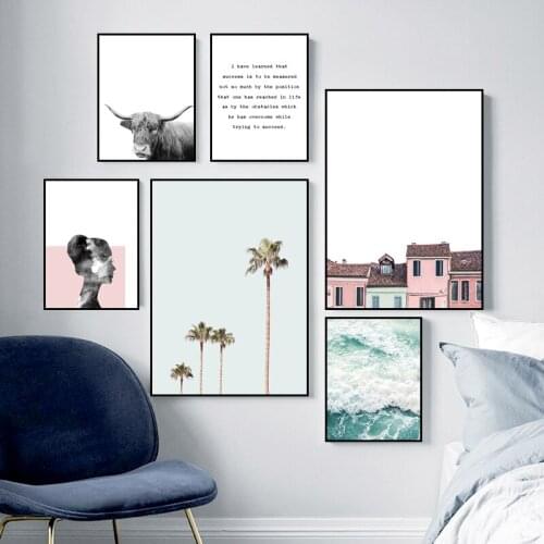 Nordic Highland Cow Wall Art Prints Scandinavian Landscape Poster Canvas Painting Ocean Waves Scenery Home Decor Picture HD3068