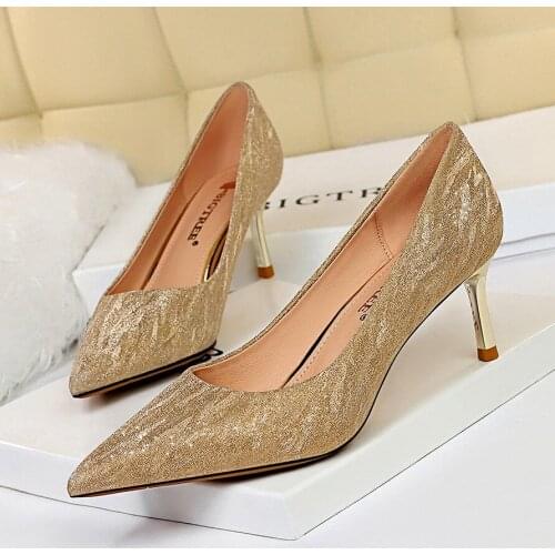 BIGTREE Wedding Shoes High Heels Womens Shoes Metal Thin Heels High Heels Shallow Pointed Sexy Nightclub Single Shoes 825-b12