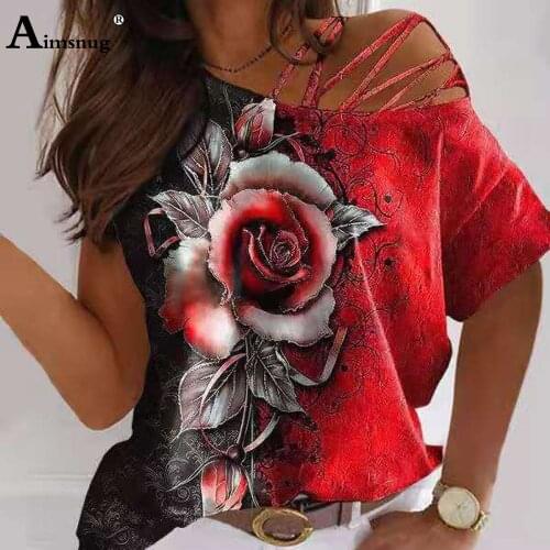 Plus Size 5xl Bohemian Rose Print Womens Tops Sexy Women Clothing 2021 Short Sleeve Female Tees Summer Casual Irregular T-Shirt