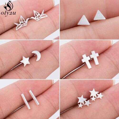 Fashion Brief Bar Stud Earrings for Women 2021 Bijoux Small Star Cross Triangle Earings Lovely Paper Crane Animal Accessories