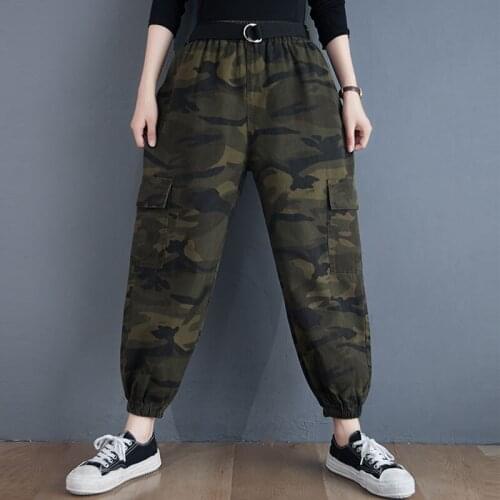 Women Vintage Cargo Pants New 2020 Autumn Military Style Camouflage Print Elastic Waist Female Casual Ankle-length Pants S2114