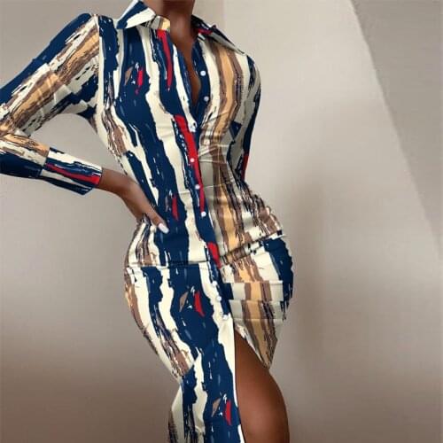 Women Stripe Print Long Sleeve Shirt Dress Elegant Turn-down Collar Button Split Party Dress Office Lady Sexy Slim Midi Dress