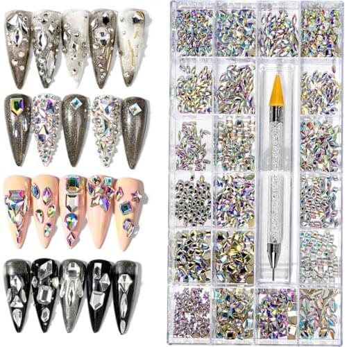 1000/7900pc/Box AB-Clear Nail Rhinestones Set 1pc Dotting Pen Gold Flatback Glass Stud Nail Art Decorations Crystal Stones Te#89