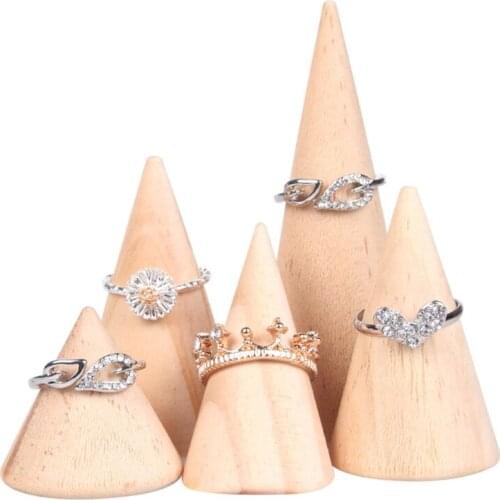 4 Styles Natural Unpainted Wooden Ring Jewelry Display Rack Stand Cone Shape Holder Organizer