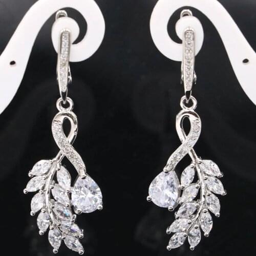 46x16mm SheCrown Leaf for Women Silver Earrings Created White Bright Zircon Daily Wear Fashion Eye Catching