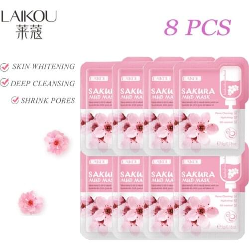 8pcs LAIKOU Japan Sakura Deep Cleaning Whitening Mud Mask Oil Control Shrink Pores Hydrating Smooth Cleaning Pores Skin Care