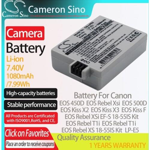 CameronSino Battery for Canon EOS 450D EOS Rebel Xsi EOS 1000D EOS Kiss X2 EOS 500D EOS Kiss X3 fits Canon LP-E5 camera battery