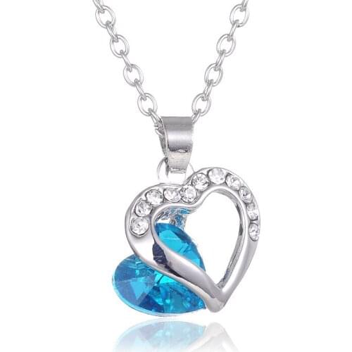 Starbeauty 1pc Connected Hearts Necklace Women Blue Crystal Necklace Silver Plated AAA Zircon Pendant Necklace Jewelry 18"