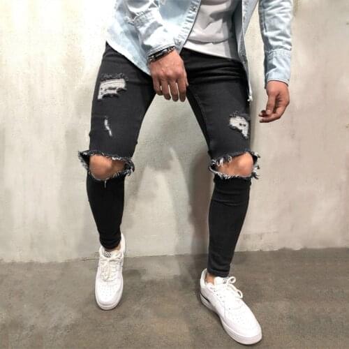 Denim Joggers Hip-Hop Swag Hole Biker Jeans Men Slim Fashion Knee Ripped Jeans High Stretch Skinny Distressed Destroyed Blue