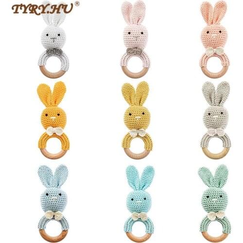 TYRY.HU 2pc Baby Teether Wooden Rattles Crochet Rabbit Wooden Ring Rodents Toys Baby Pram Crib DIY Customized Soother Teether