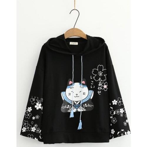 Cotton Women Harajuku Hoodie Japan Style 2020 Autumn New Cat Print Long Sleeve Sweatshirts Kawaii Pullover Black White