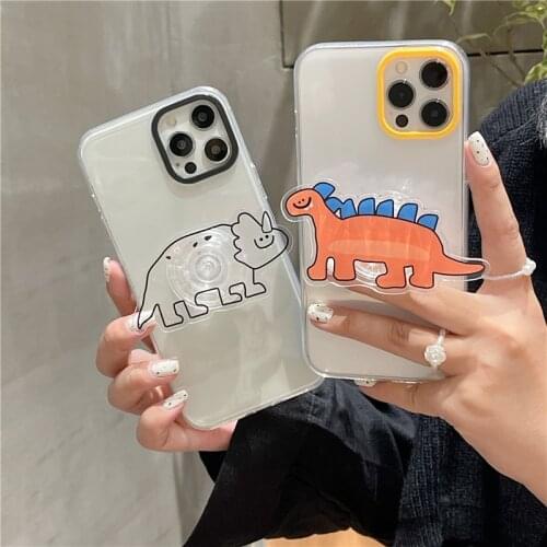 INS Korean Cute 3D Dinosaur Bracket Phone Case For iPhone 11 12 Pro XS Max X XR SE20 7 8Plus Grip Stand Holder Soft Cover Fundas