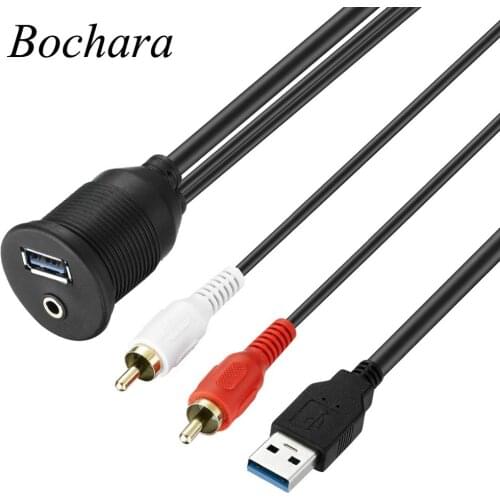 Bochara USB Flush Mount Panel USB 2.0 USB 3.0 Male to Female Extension+3.5mm Female to 2RCA Dashboard Cable For Car Motorcycle