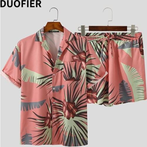 Hawaiian Mens Sets Printing Summer Short Sleeve Turn Down Collar Shirt Beach Shorts Streetwear Casual Male Suit Blouses Tops