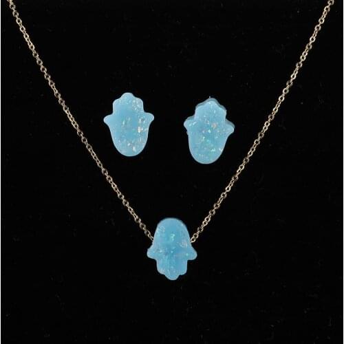Opal Stone Palm Jewelry Set New Gold Stainless Steel Necklace Earrings Hamsa Set Women Party Jewelry 6 Colors Necklace Set