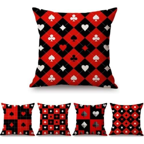 Red Black Chess Board Diamond Poker Card Suits Scotish Checks Home Decorative Throw Pillow Cover Cotton Linen Sofa Cushion Cover