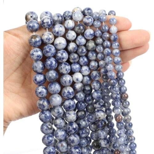 Natural Stone White Dot Blue Charm Round Loose Beads For Jewelry Making Needlework Bracelet Diy Strand 4-12MM