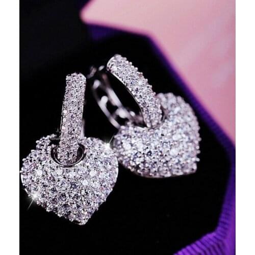 Hot! Brand Design Full Shining Crystal Zircon Heart Earrings For Women Silver Plated clip on earrings brinco jeweler