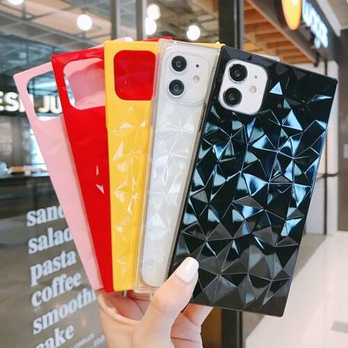 Fashion Diamond Square Solid Phone Case for iPhone 12 Mini 11 Pro XS Max 7 8 Plus SE 2020 Shockproof Soft TPU Protector Cover