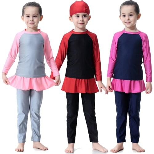 Kids Girl Boy Muslim Full Cover Swimwear Color Match Islamic Overall Burkini Long Swimsuit with Cap Bathing Suit Beachwear Chid