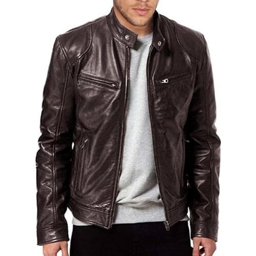 2021 Mens Stand Collar Leather Jacket New PU Slim Zip Leather Jacket