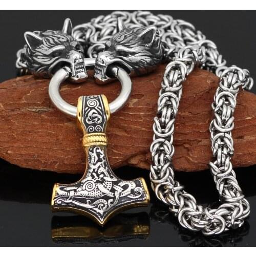 Men stainless steel Wolf head norse viking amulet thor hammer pendant necklace viking king chain