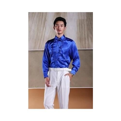 Free shipping royal blue/white ruffled bowtie scuffs decoration mens tuxedo shirts party/event shirts