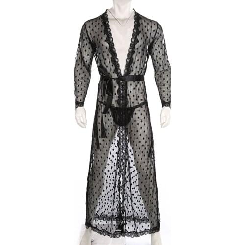 Men Dot Pattern See-through Mesh Lace Trim Exotic Chemises Sheer Night-Gown with Bandage G-string Sexy Lingerie Costume