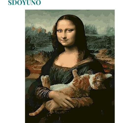 SDOYUNO Oil Paint By Numbers Kits Mona Lisa And Cat Painting By Numbers On Canvas Frameless 60x75cm Hand Painting DIY Home Decor