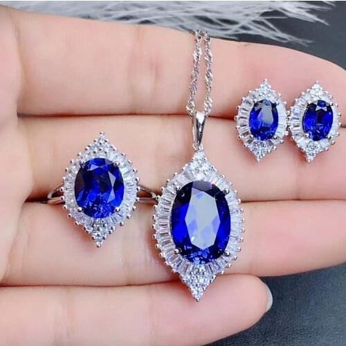 Real Natural Sapphire jewelry set Natural Real Sapphire 925 sterling silver 1pc pendant,1pc ring,2pcs Earring