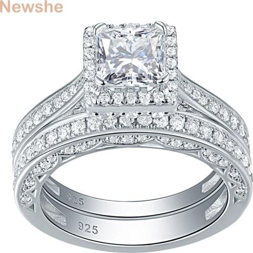 Newshe 2Pcs Genuine 925 Sterling Silver Wedding Ring Set Classic Jewelry 1.5 Ct Princess Cut AAA CZ Engagement Rings For Women