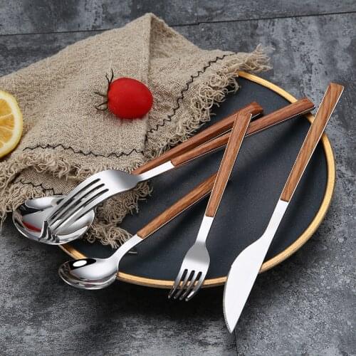 Tableware Fork Spoon Knife 5pcs Cutlery Set Kitchen Dinnerware Set Stainless Steel With Wood Holder Kitchen Accessories Cocina
