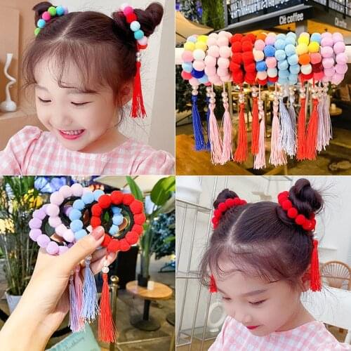2pcs Pom Balls Tassel Elastic Hair Bands for Girls Updo Ponytail Holder Scrunchies Baby Kids Pompom Rubber Band Hair Accessories