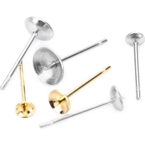 SAUVOO 100pcs/lot Surgical Stainless Steel Gold Silver Tone Blank Pearl Earring Cup Earring Stud Findings for DIY Jewelry Making