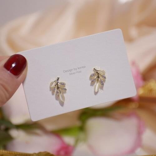 Exquisite copper inlaid zircon leaf opal earrings 14K real gold plated small womens student gift earring Korean jewelry