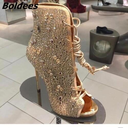 Chic Golden Women Bling Bling Crystal Stiletto Heel Ankle Boots Glittering Peep Toe Lace Up Dress Sandal Booties New Arrival