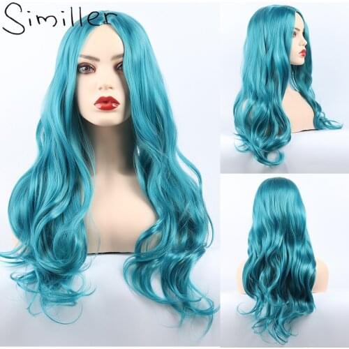 Similler Long Blue Wigs Synthetic Wigs For Black/White Women Wavy Cosplay Wig Heat Resistant Middle Part