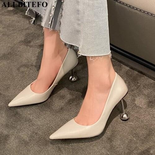 ALLBITEFO Special Heel Design Pointed Toe Soft Genuine Leather Brand High Heel Shoes Fashion Party Wedding Women Heels Shoes