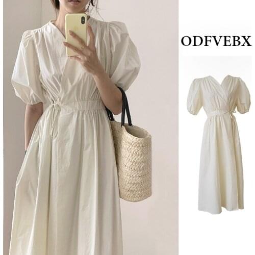 Vintage White Shirt Dress Women French Elegant V Neck Bubble Sleeve Waist Dress Fashion Office Casual Maix Dress Summer 2021 New