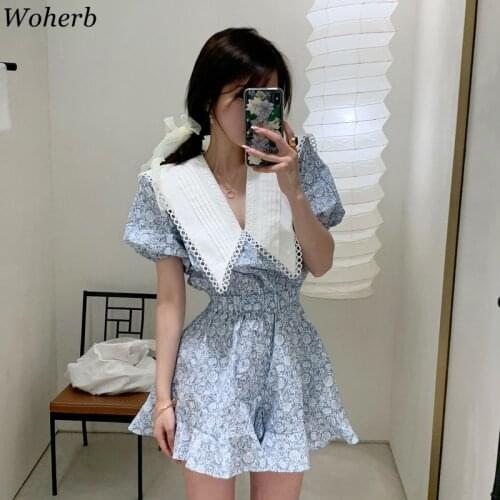 Woherb Elegant Floral Print Mini Playsuit Summer Korean Chic Slim Waist Sweet Blue Jumpsuit 2021 Fashion Romper Ropa De Mujer