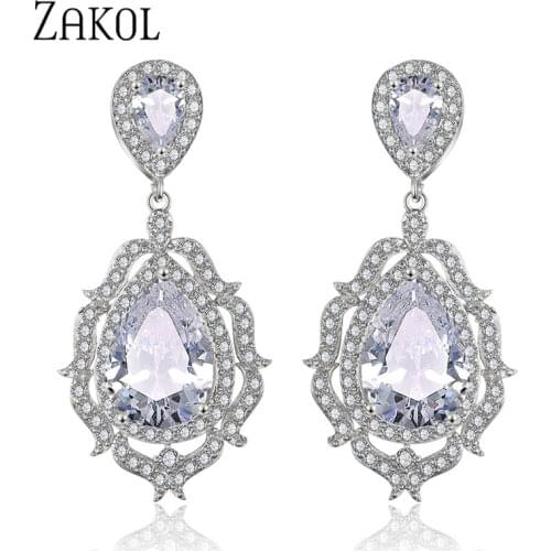 ZAKOL Elegant Big Water Drop Shape Cubic Zirconia Crystal Bridal Dangle Earrings Luxury Wedding Jewelry for Brides FSEP2324