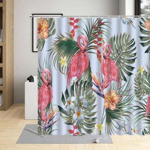Tropical Leaf Cartoon Flamingo Shower Curtain Hand Painted Flower Plant Monstera Pineapple Bathroom Curtains Decor Fabric Hooks