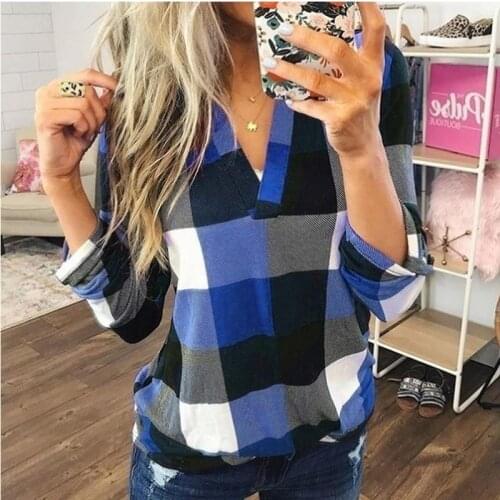 Womens Elegant Plaid Tee Shirt Long Sleeve Sexy V-Neck T-Shirt Famale Casual Streetwear Blusa Tops Shirt Plus Size