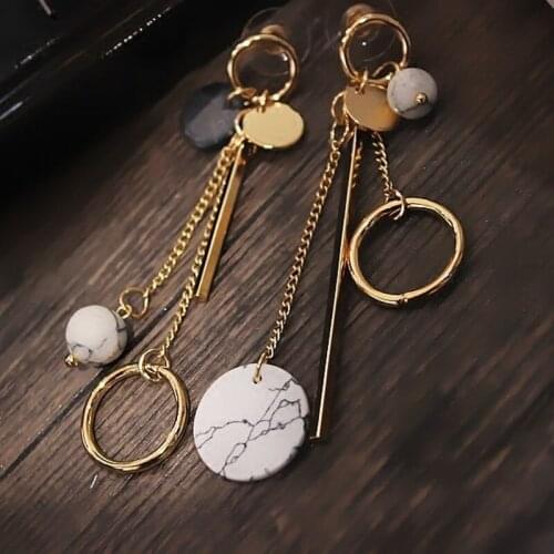 Korean Fashion Gold Color Chain Asymmetric Long Tassel Earrings for Women Femme Coin Pendant Marble Stone Hook Earrings Jewelry