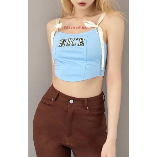 Womens Tops Irregular Hem Camisole for Female Sexy Crop Top Streetwear Sleeveless Lace Up Shoulder Lettering Printed Vest