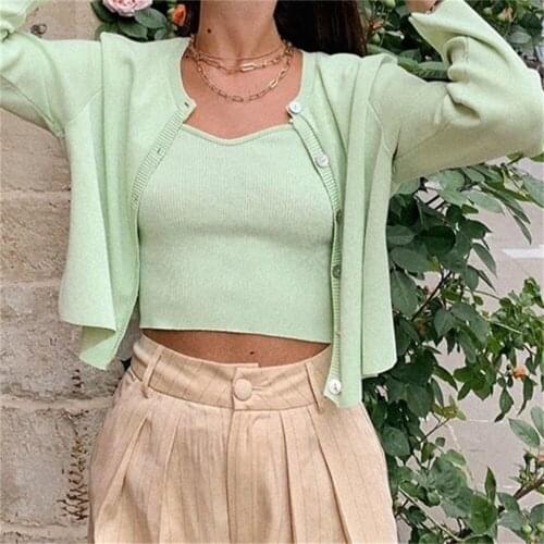 Knitted Sweater + Strap Top 2021 Summer Womens New Small Fresh Round Neck Long-Sleeved Breasted Solid Color