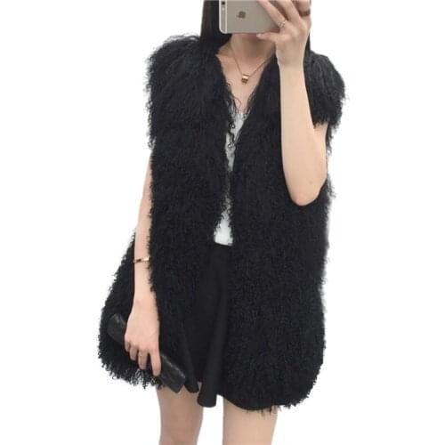 Ms.MinShu Real Lamb Fur Vest Fashion Woman Coat Mongolian lamb fur Vest Winter Waistcoat Long Fluffy Fur Coat