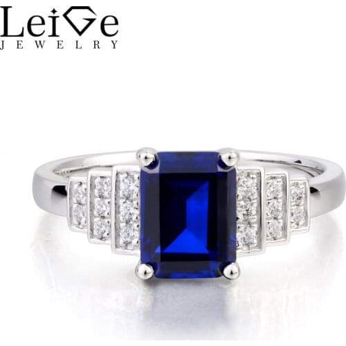 Leige Jewelry Lab Sapphire Ring Wedding Ring Emerald Cut Blue Gemstone September Birthstone Solid 925 Sterling Silver Ring Gifts
